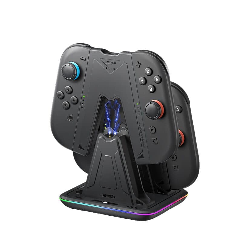 Jemdo Functional Charging Grip Base for Nintendo Switch 2 Joy-Con, Wired Play & Charge or Wireless Pro Mode, 9 Ambient Lighting Effects, Desk Stand Dock